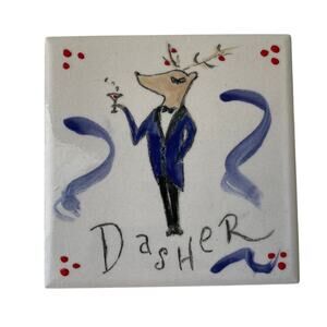 Handpainted Dasher Ceramic Tile, Santas reindeer, Holiday Trivet 4.25"